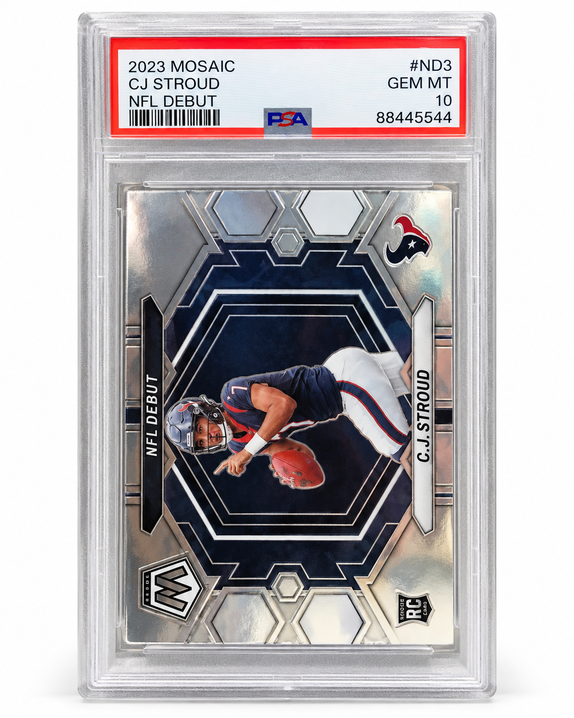 2023 Panini Mosaic C.J. Stroud NFL Debut #ND3 PSA 10 upright slab on white background