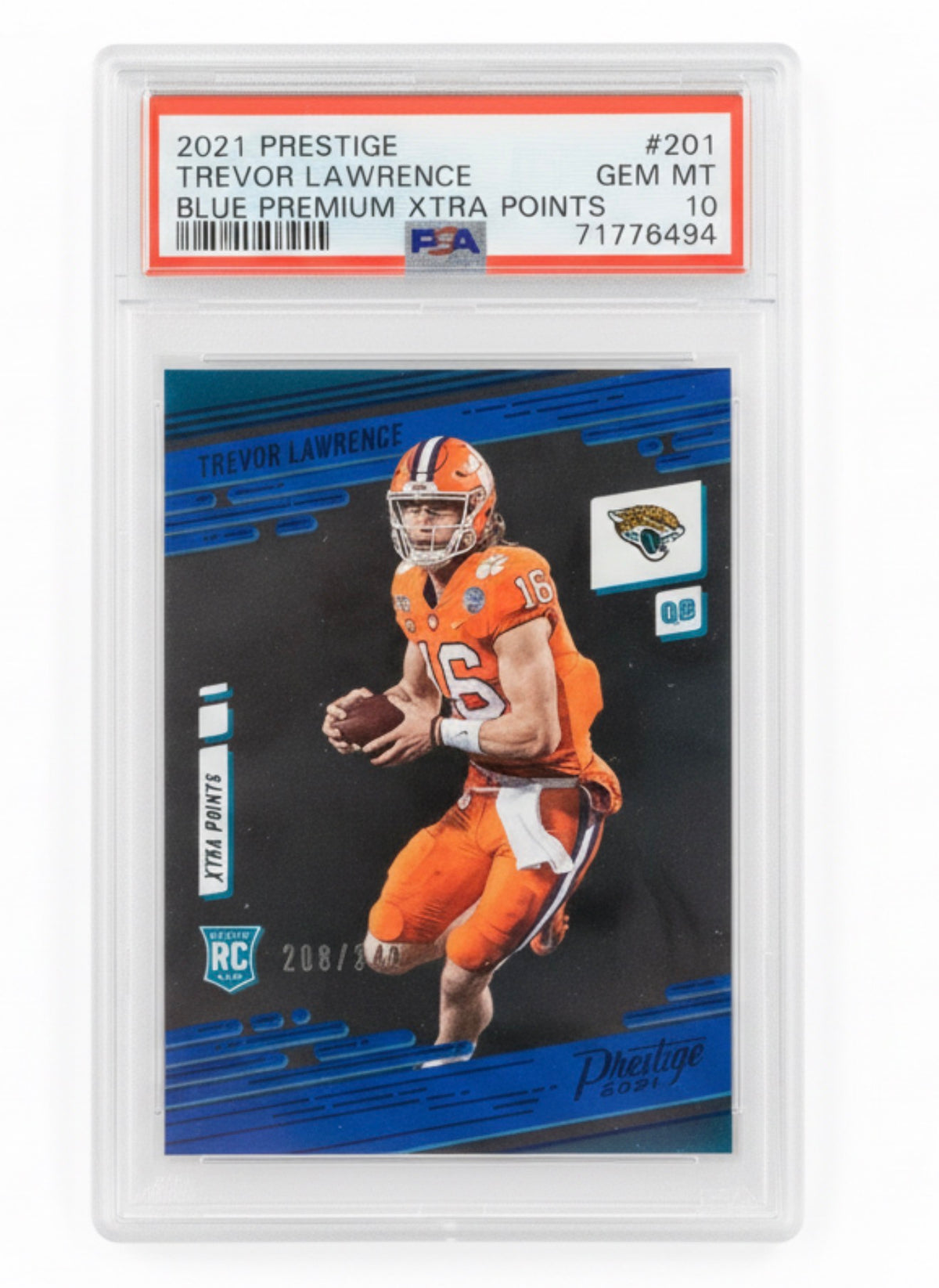 2021 Panini Prestige Blue Premium Xtra Points Trevor Lawrence #201 PSA 10, full slab on clean white background